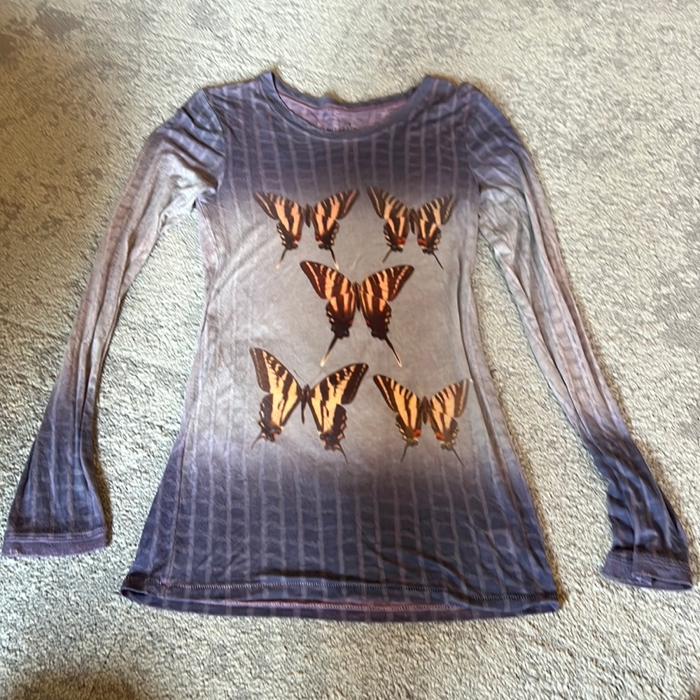 Free People purple/blue ombré long sleeved tee with butterflies